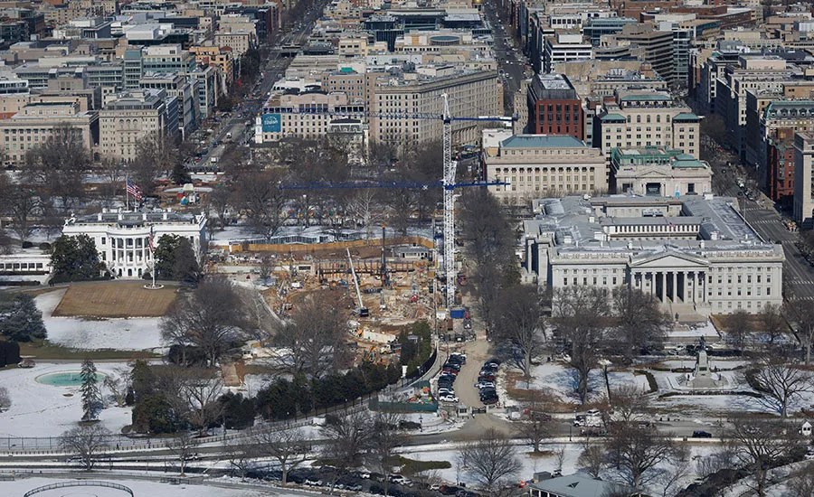 Aerial view of excavation and foundation work at the White House East Wing site, Feb. 13, 2026.