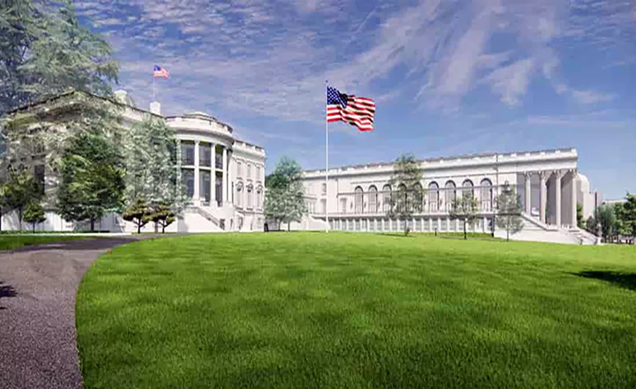 Rendering of proposed White House State Ballroom addition extending from the executive residence.
