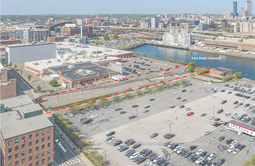 Aerial view highlighting the redevelopment parcel at 232 A St. along Fort Point Channel in Boston’s Seaport district.