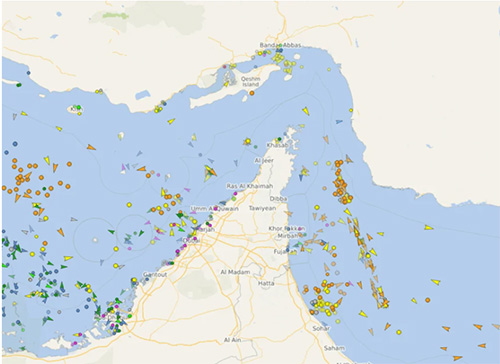 AIS vessel tracking map of the Strait of Hormuz dated March 10, 2026.