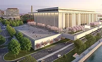 Kennedy-Center-Closing Rendering of Kennedy Center along Potomac River showing planned renovation and surrounding plaza
