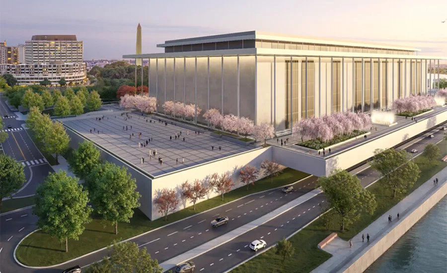 Rendering of Kennedy Center along Potomac River showing planned renovation and surrounding plaza