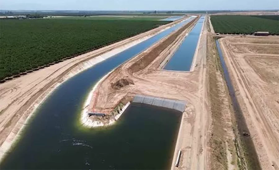 Aerial view of rehabilitated irrigation canal and conveyance improvements in California