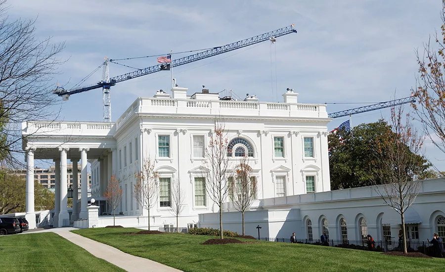 Tower cranes being used for construction of the White House Ballroom are seen at the White House, on Tuesday, March 31, 2026, in Washington.
