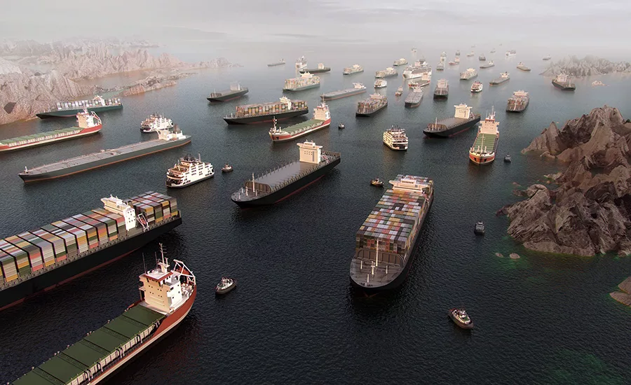 Cargo ships clustered in the Strait of Hormuz shipping lane.