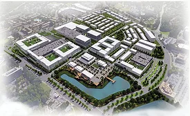 Rendering of Lakeforest Mall redevelopment with mixed-use buildings, streets and stormwater pond in Gaithersburg, Md.