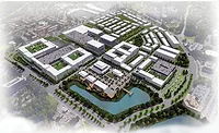 Lakeforest-Mall-Project Rendering of Lakeforest Mall redevelopment with mixed-use buildings, streets and stormwater pond in Gaithersburg, Md.