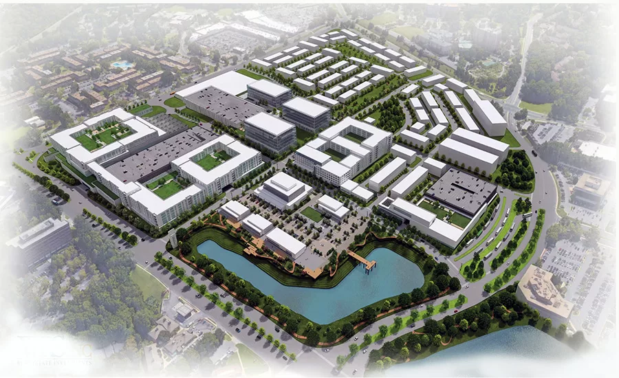 Rendering of Lakeforest Mall redevelopment with mixed-use buildings, streets and stormwater pond in Gaithersburg, Md.