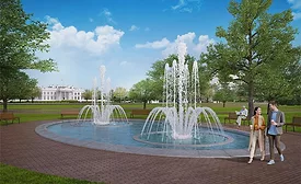 Rendering of restored Lafayette Square fountains with White House in background