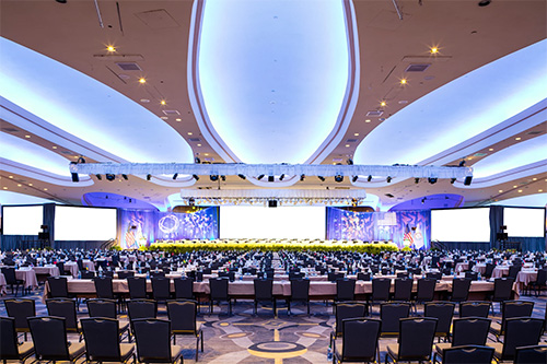 Interior view of Washington Hilton International Ballroom set for large event.