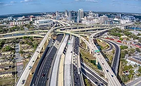 Aerial view of I-4 Ultimate express lanes and downtown Orlando interchange.