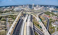 Aerial view of I-4 Ultimate express lanes and downtown Orlando interchange.