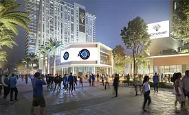 Night rendering of Westcourt Orlando mixed-use district near Kia Center.