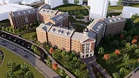 rendering of proposed student housing project showing a snaking line of residents hall buildings surrounded by greenery