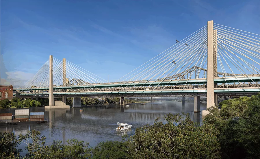 Rendering of planned Brent Spence companion cable-stayed bridge over the Ohio River.