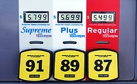 Gas pump displays gasoline prices above $5 per gallon for regular, plus and premium fuel.