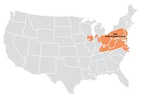 Map shows the states that are part of the PJM region, highlighted in orange.