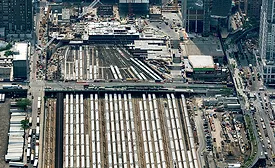 Aerial view of Penn Station rail infrastructure in Manhattan