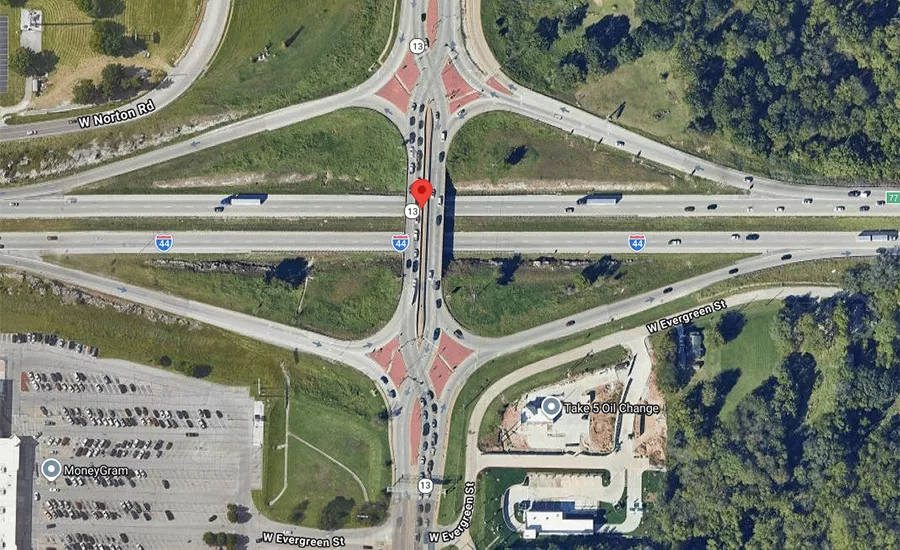 Aerial view of the I-44 and Missouri 13 interchange in Springfield, Missouri.