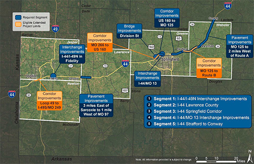 Map showing the five segments of MoDOT's Forward 44 Interstate 44 improvement project across southwest Missouri.