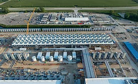 Aerial view of cooling systems under construction at Microsoft's Fairwater data center in Mount Pleasant, Wis., supporting AI and cloud computing operations.