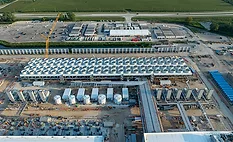 Aerial view of cooling systems under construction at Microsoft's Fairwater data center in Mount Pleasant, Wis., supporting AI and cloud computing operations.