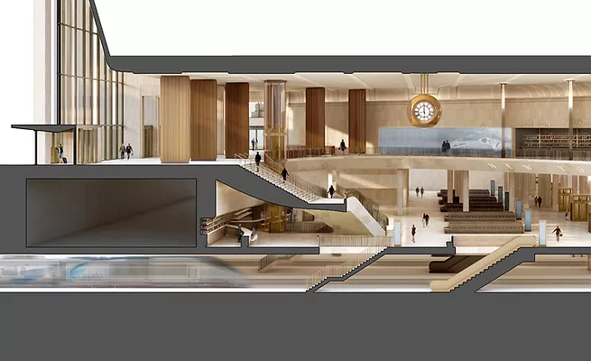 Section rendering of proposed Penn Station redevelopment showing train hall, concourse and platforms beneath Madison Square Garden.
