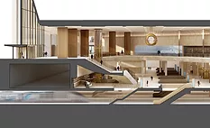 Section rendering of proposed Penn Station redevelopment showing train hall, concourse and platforms beneath Madison Square Garden.