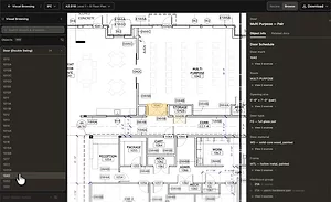 Trunk-Tools-Cortex Trunk Tools' Cortex platform displays a floor plan alongside linked project information, allowing users to select a drawing object and view associated specifications, schedules and other project records.