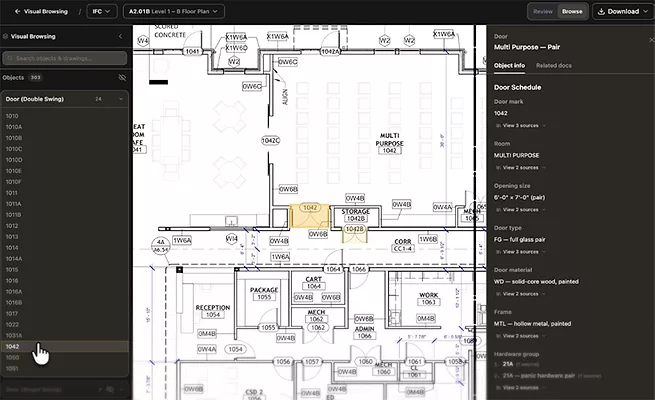 Trunk-Tools-Cortex Trunk Tools' Cortex platform displays a floor plan alongside linked project information, allowing users to select a drawing object and view associated specifications, schedules and other project records.