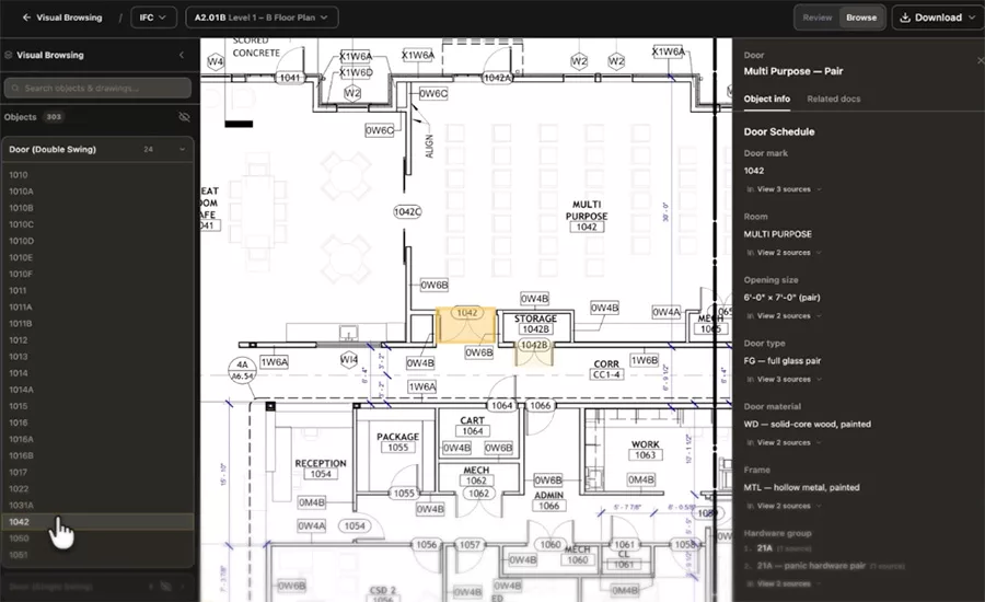 Trunk Tools' Cortex platform displays a floor plan alongside linked project information, allowing users to select a drawing object and view associated specifications, schedules and other project records.