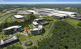 Rendering of JetZero's planned aircraft manufacturing campus in Greensboro, N.C., showing large production buildings, research-and-development facilities, roads and landscaped grounds at Piedmont Triad International Airport.