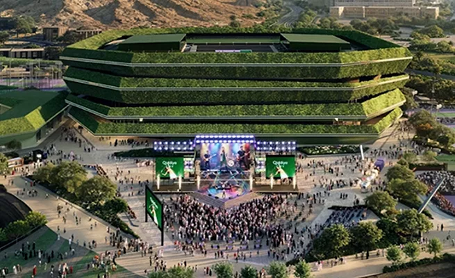Rendering of Saudi Arabia's planned National Tennis Centre at Qiddiya City, featuring green-clad venues set within the Tuwaiq Mountain landscape.