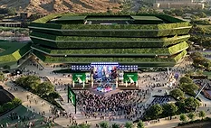 Rendering of Saudi Arabia's planned National Tennis Centre at Qiddiya City, featuring green-clad venues set within the Tuwaiq Mountain landscape.