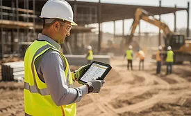 Construction manager reviewing project data on a tablet at an active jobsite.