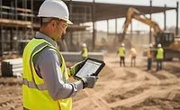 Construction manager reviewing project data on a tablet at an active jobsite.