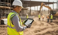Construction manager reviewing project data on a tablet at an active jobsite.