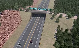 ADOT simulation showing a planned wildlife crossing bridge over the widened SR 260 Lion Springs highway corridor in Arizona.