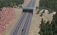 ADOT simulation showing a planned wildlife crossing bridge over the widened SR 260 Lion Springs highway corridor in Arizona.