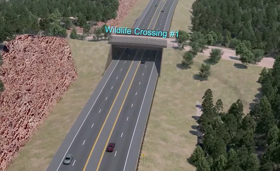 ADOT simulation showing a planned wildlife crossing bridge over the widened SR 260 Lion Springs highway corridor in Arizona.