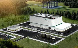 Rendering of GE Vernova Hitachi's BWRX-300 small modular reactor at a proposed nuclear power plant site.