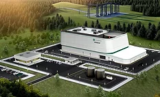 Rendering of GE Vernova Hitachi's BWRX-300 small modular reactor at a proposed nuclear power plant site.