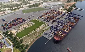 Rendering of the planned Delaware Container Terminal showing new berths, container yard and ship-to-shore cranes at the Edgemoor expansion site.