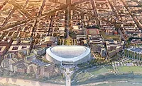 RFK-Master-Plan-Arial-View Rendering of D.C.'s proposed RFK campus redevelopment with a new stadium, surrounding mixed-use development and riverfront.