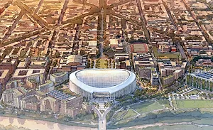 Rendering of D.C.'s proposed RFK campus redevelopment with a new stadium, surrounding mixed-use development and riverfront.