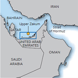     Map showing the location of the Upper Zakum offshore oil field off the coast of Abu Dhabi in the Persian Gulf.