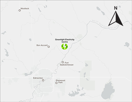 The Greenlight Electricity Center will be built in Sturgeon County, northeast of Edmonton, within Alberta's Industrial Heartland.