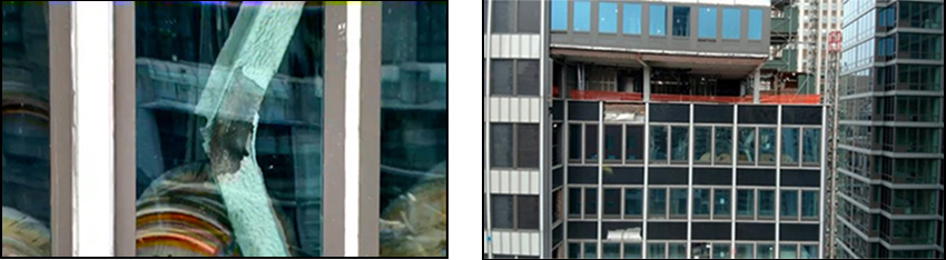 Composite image showing a buckled structural steel member inside the building and the exterior of the former Pfizer headquarters tower in Midtown Manhattan.