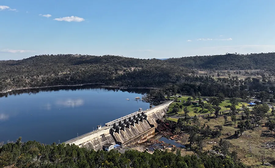Aerial view of Leslie Dam near Warwick, Queensland, showing the reservoir and concrete spillway.
