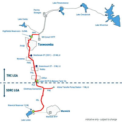 Map showing the planned Toowoomba-to-Warwick Pipeline route in Queensland, Australia, between Toowoomba and Warwick.